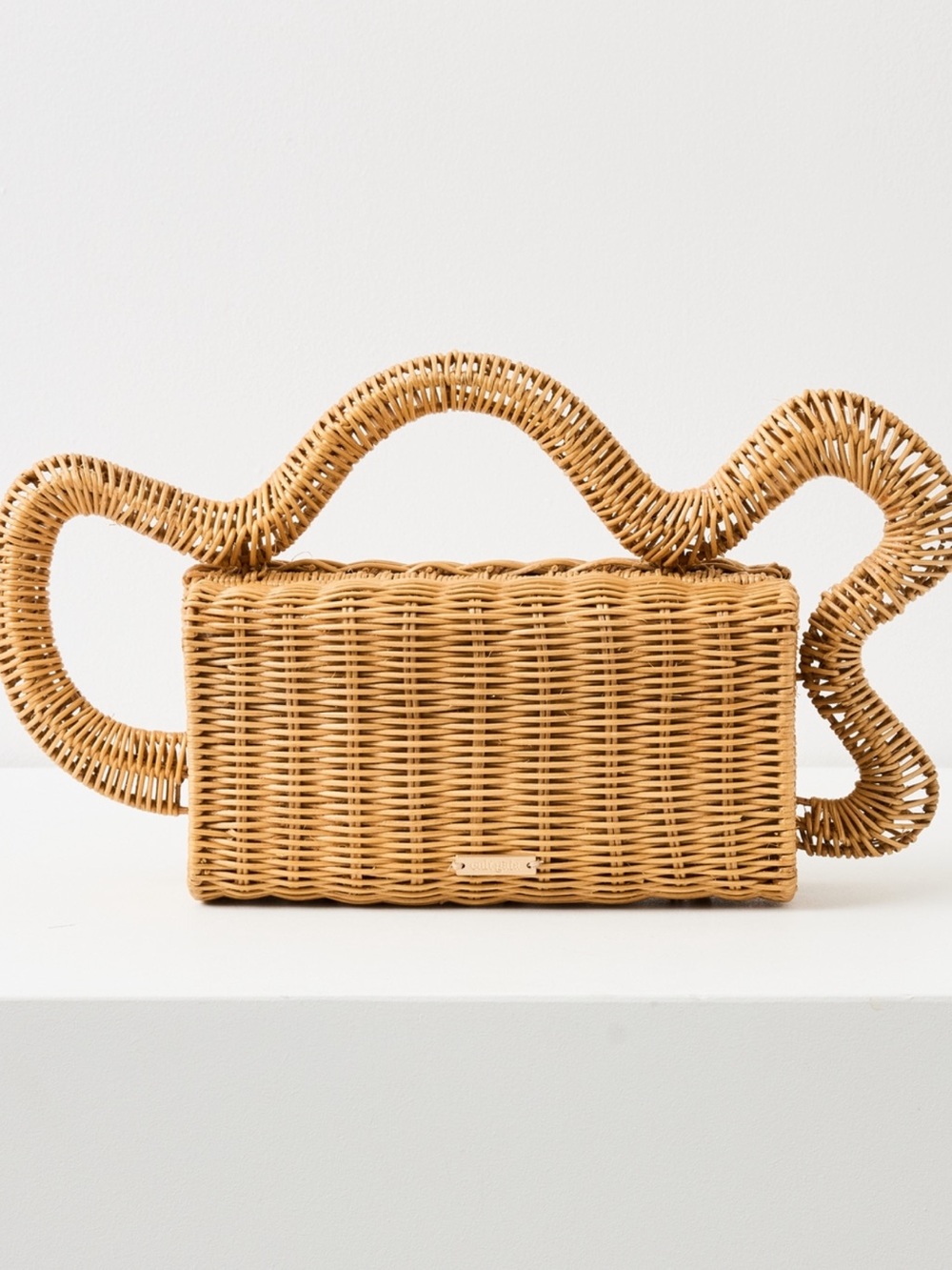 cult gaia Woven Sculptural Handle Clutch in Natural Tan